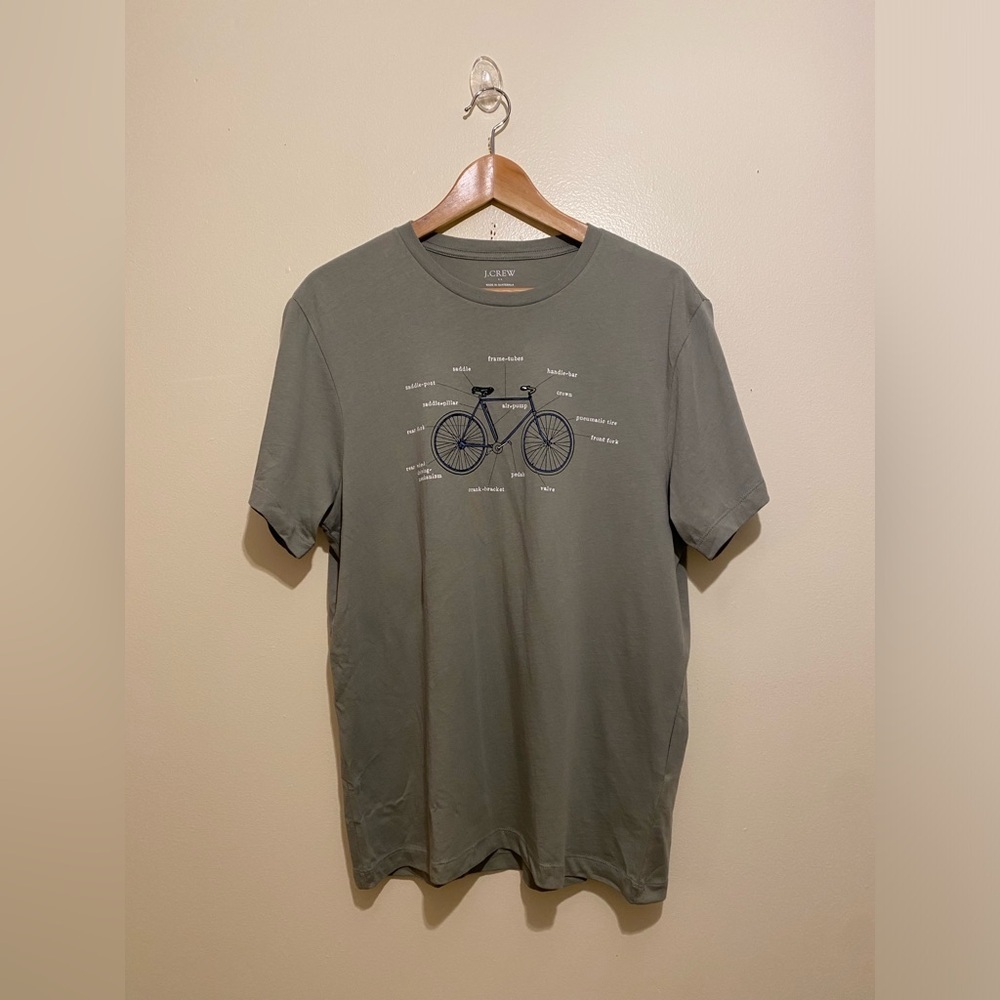 J.Crew Olive Green Men's T-Shirt with Bicycle Print. Size M